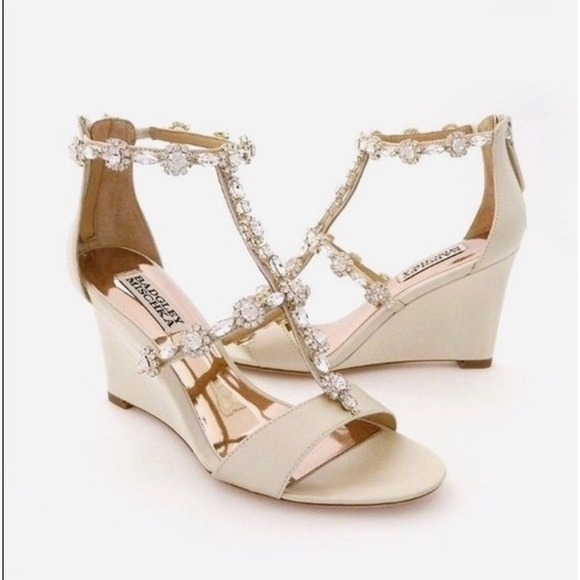 Badgley Mischka Shoes - Badgley Mischka Embellished Jewel Heel Satin Wedge Ivory Cream US 8 Formal Party